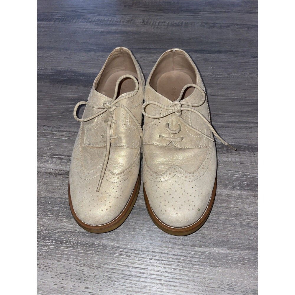 Elephantito Gold Metallic Leather Wingtip Brogue Oxford Dress Shoes Kids Size 3